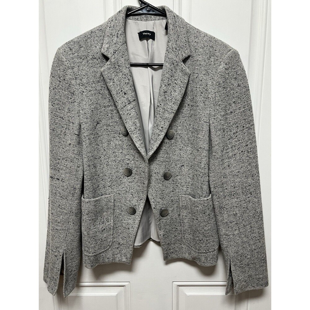 Theory Jontia KB Parkdale Herringbone Gray Double Breasted Open Front Blazer 10